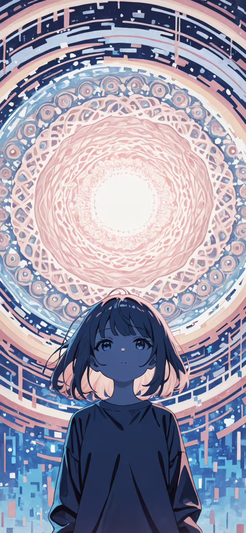 An anime-style girl with wavy, light pink hair and blue eyes looks thoughtfully to...