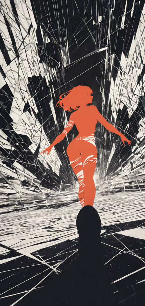 A stylized illustration of a woman with long orange hair, seen from behind in a vast,... Nokia 6 dot 2 free wallpaper