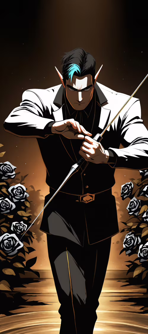 An anime-style male elf with black hair, a blue streak, and pointed ears, dressed... Tecno Camon 30 Pro wallpaper download