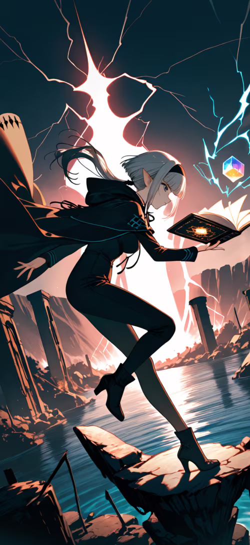 Full-body illustration of a silver-haired elf girl in a dark blue cloak and black... Cubot Max 2 download free phone wallpaper