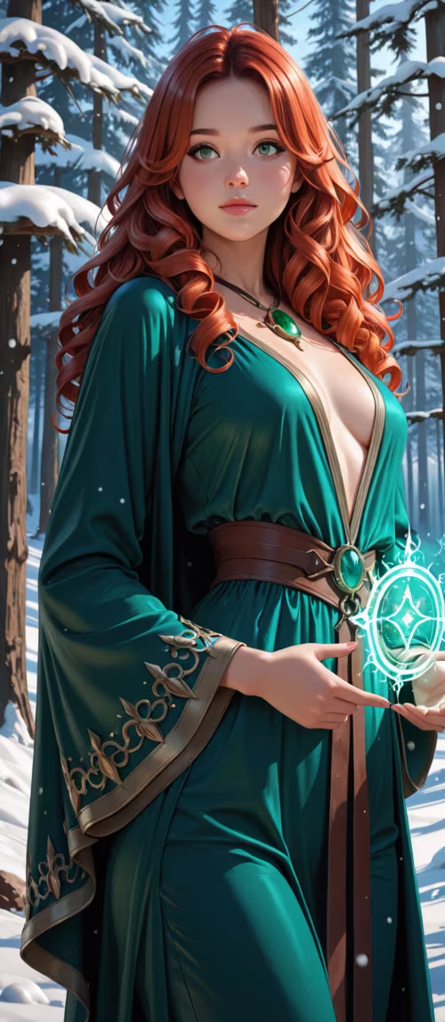 A beautiful fantasy woman with long red hair and green eyes, wearing a green cloak... Redmi 10C hand phone wallpaper