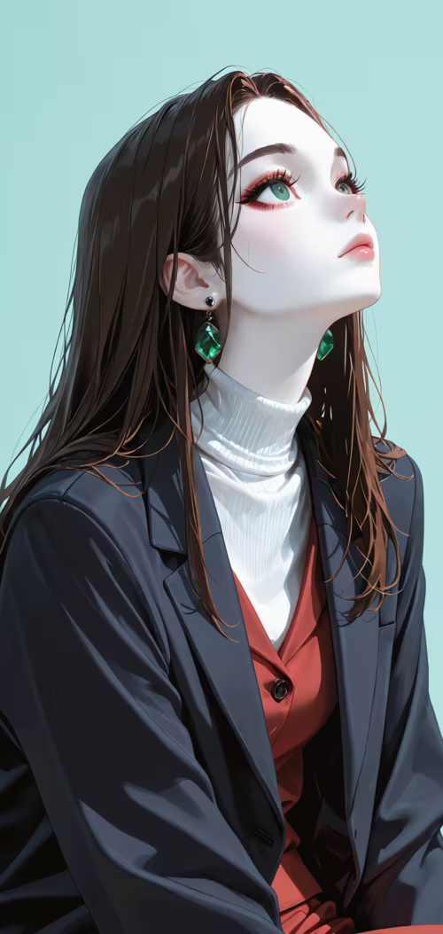 A digital illustration of a stylish young woman with long brown hair and green eyes... Doogee N10 high definition wallpaper