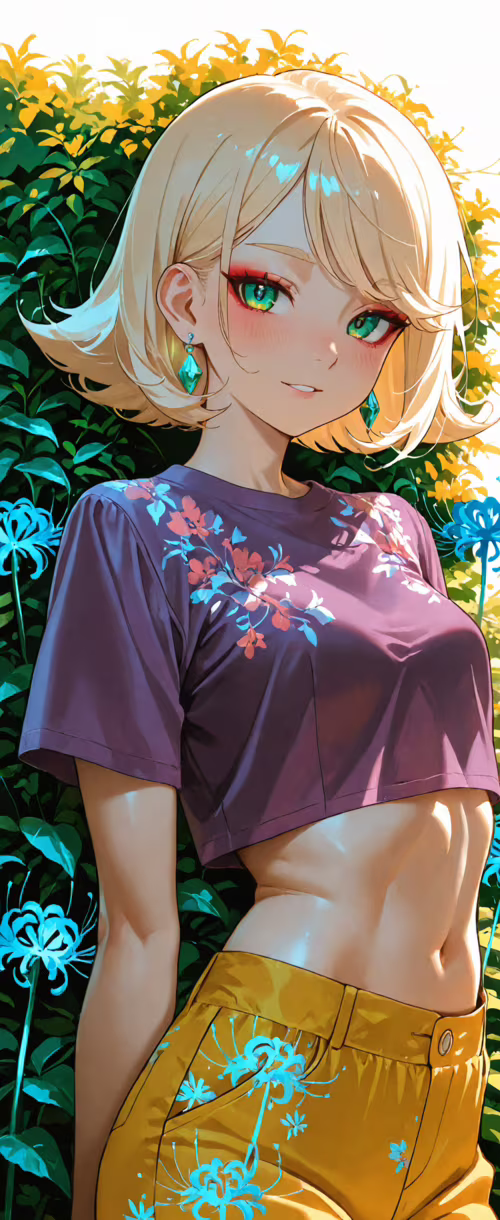 An anime-style illustration of a young woman with short blonde hair and green eyes,... Samsung Galaxy Z Flip download free phone wallpaper