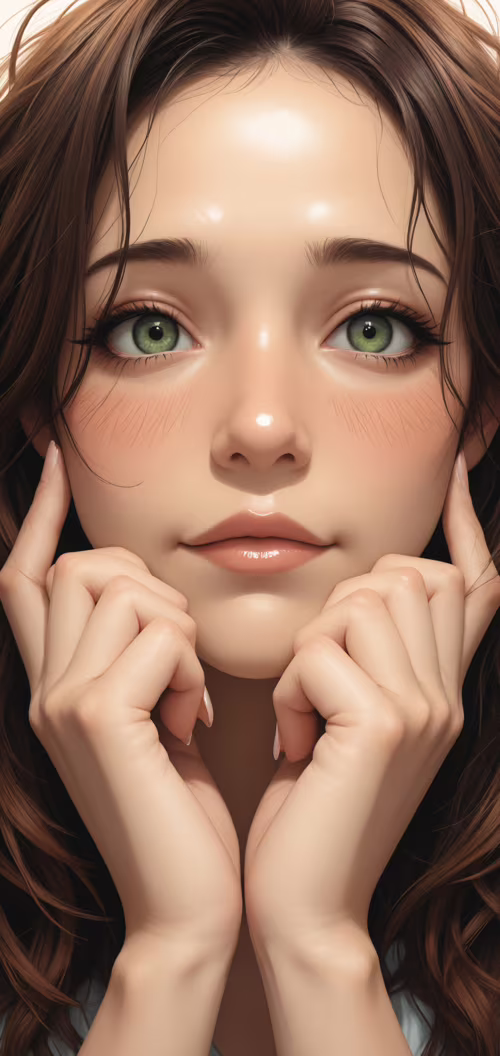 A digital portrait of a young woman with long brown hair and striking green eyes....