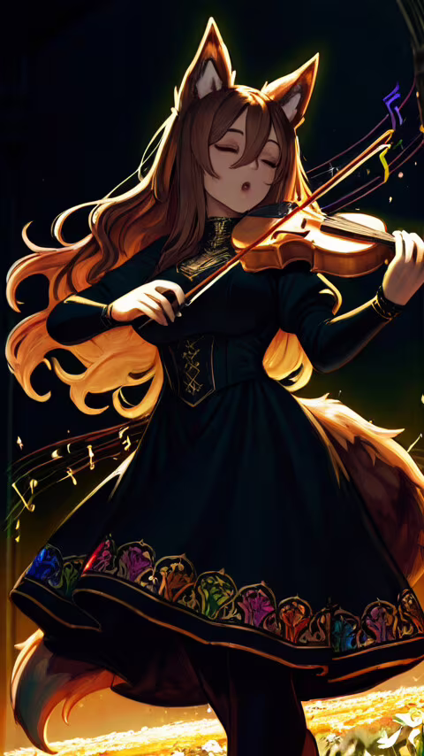 An anime-style fox girl with long brown hair, ears, and a tail, wearing an elegant... Vodafone Smart E8 wallpaper download