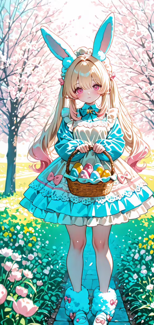 A full-body illustration of a young anime girl with long white hair and fluffy bunny... Blackview BV5900 wallpaper download
