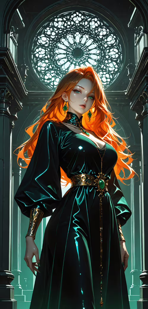 A beautiful anime-style woman with long orange hair and green eyes, wearing a black... Doogee S55 high definition wallpaper