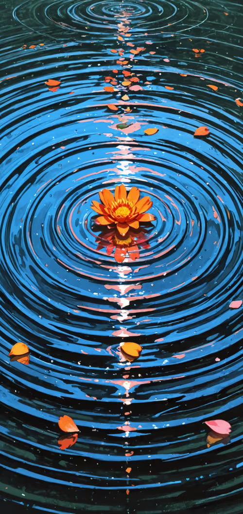 An overhead view of a bright orange water lily floating in the center of dark blue...