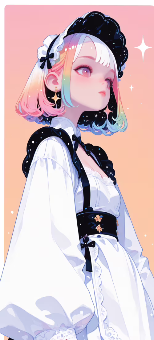 A low-angle digital artwork of an anime-style girl with a white bob haircut and rainbow-colored... OnePlus 12R download free phone wallpaper