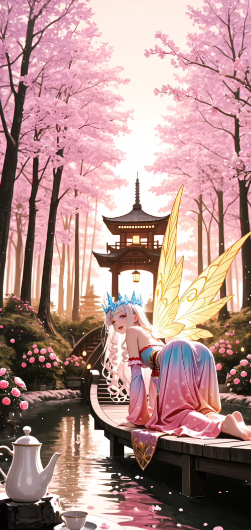 A white-haired fairy queen with large, glowing wings, seen from behind, kneels on...