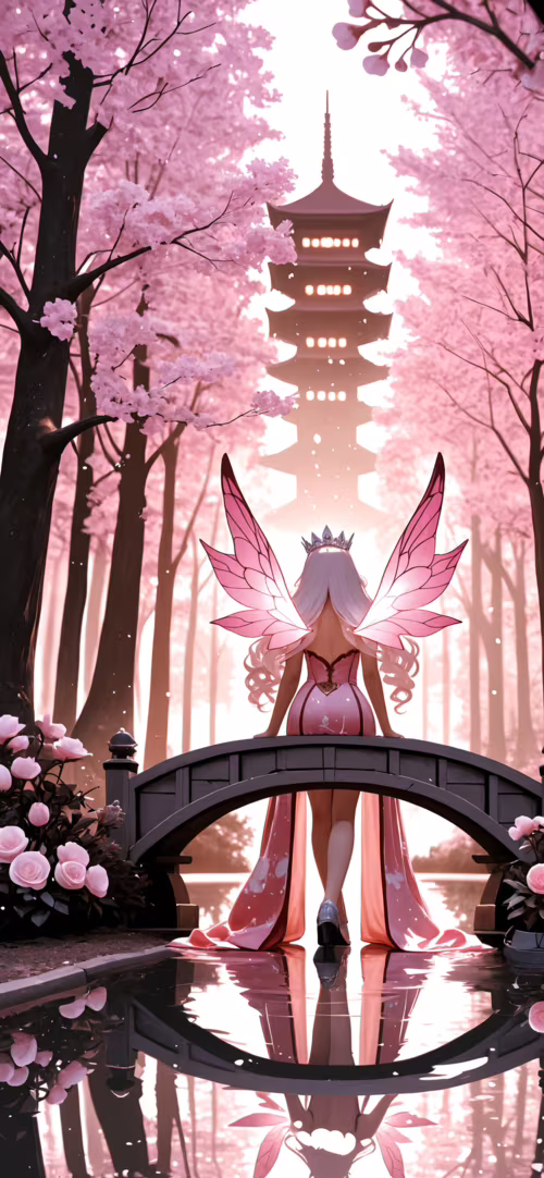 A white-haired fairy queen with large, glowing wings, seen from behind, kneels on... Honor 50 Pro hand phone wallpaper