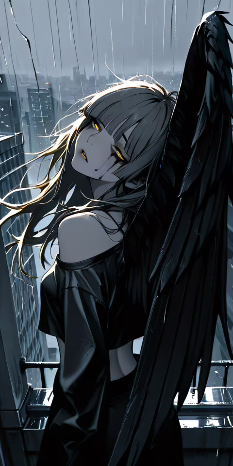 An anime-style illustration of a young woman with large black wings and glowing yellow... Blackview A20 free background
