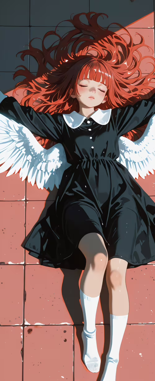 An overhead view of an anime-style angel with long red hair and large white wings,... Tecno Phantom V Flip2
