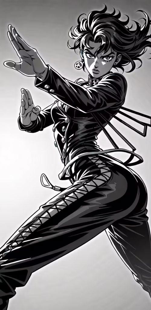 A black and white anime illustration of a woman with dark hair in a tight black leather... Samsung Galaxy A01 Core wallpaper download