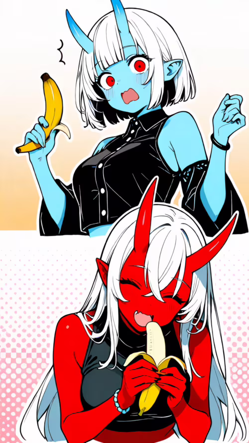 A blue-skinned anime girl with long white hair, red eyes, and red-tipped horns, looking... Vodafone Smart E8 hd background