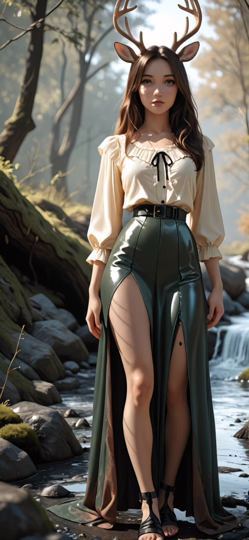 A full-body portrait of a beautiful young woman with deer antlers and ears, crouching... Apple iPhone 11 wallpaper