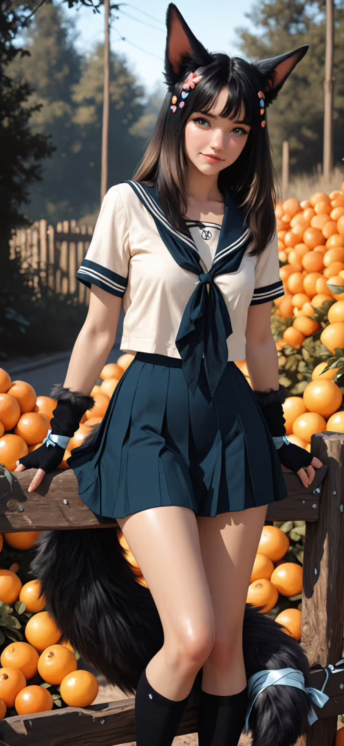 A young woman with black fox ears and a fluffy tail, wearing a sailor school uniform... Apple iPhone 14 Plus free background images