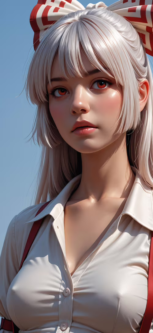 A realistic close-up portrait of Fujiwara no Mokou from Touhou Project. She has long...