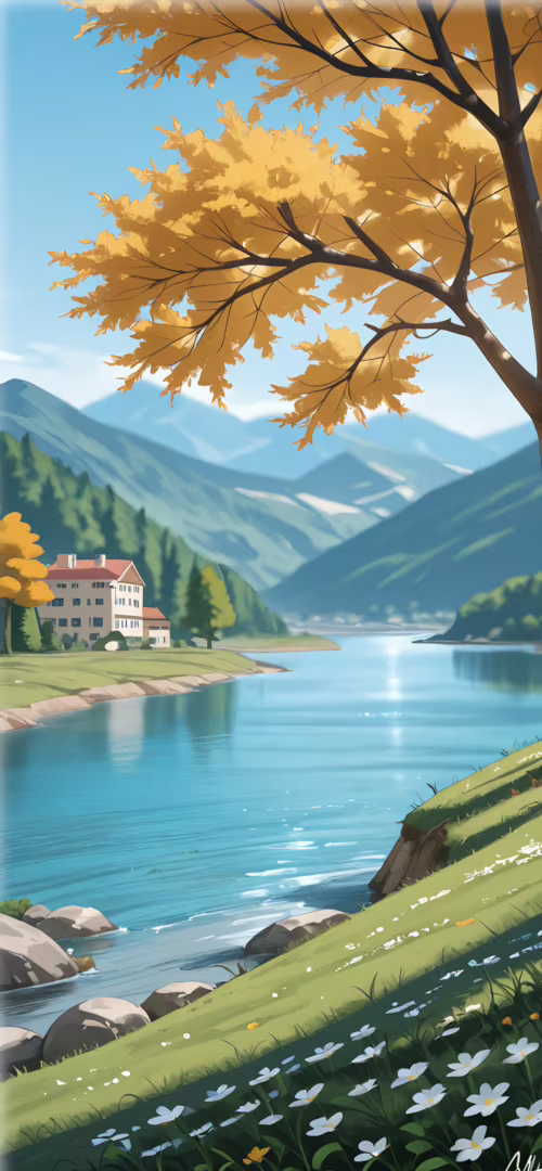 An anime-style digital painting of a serene landscape. A large tree with golden leaves... Oukitel WP7 hd background
