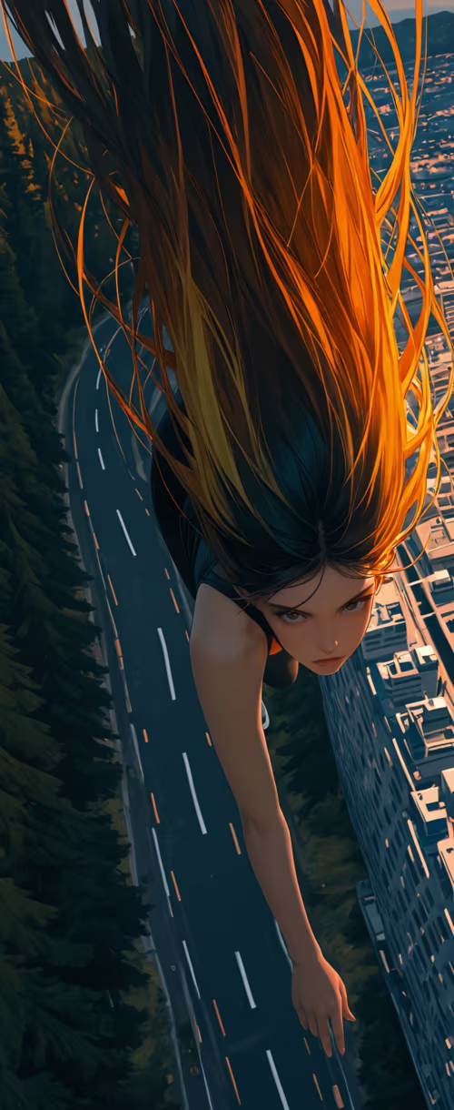 An illustration of a young woman with long, windswept blonde and dark hair, wearing... Samsung Galaxy Z Flip wallpaper photo gallery download