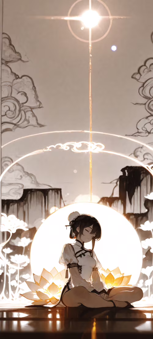 An anime girl with white hair in double buns meditates in a lotus position. She wears... TCL 30 wallpaper images