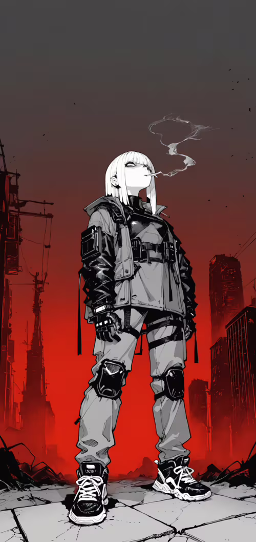 A young woman with black hair in a monochrome manga style, sitting on the ground... Samsung Galaxy S10 5G download free phone wallpaper