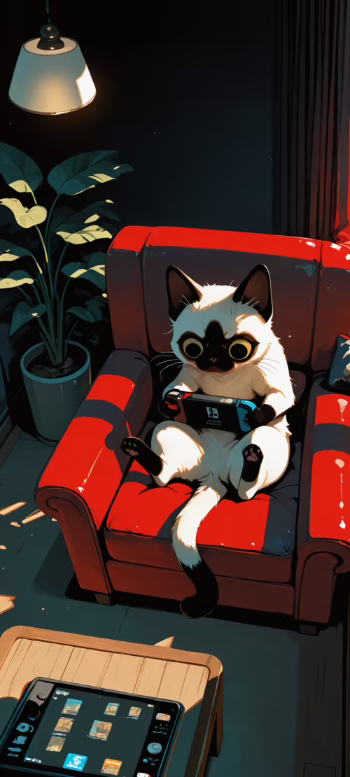 A cartoon Siamese cat with a grumpy expression and big eyes sits in an armchair,... Honor 200 download free wallpaper for phone