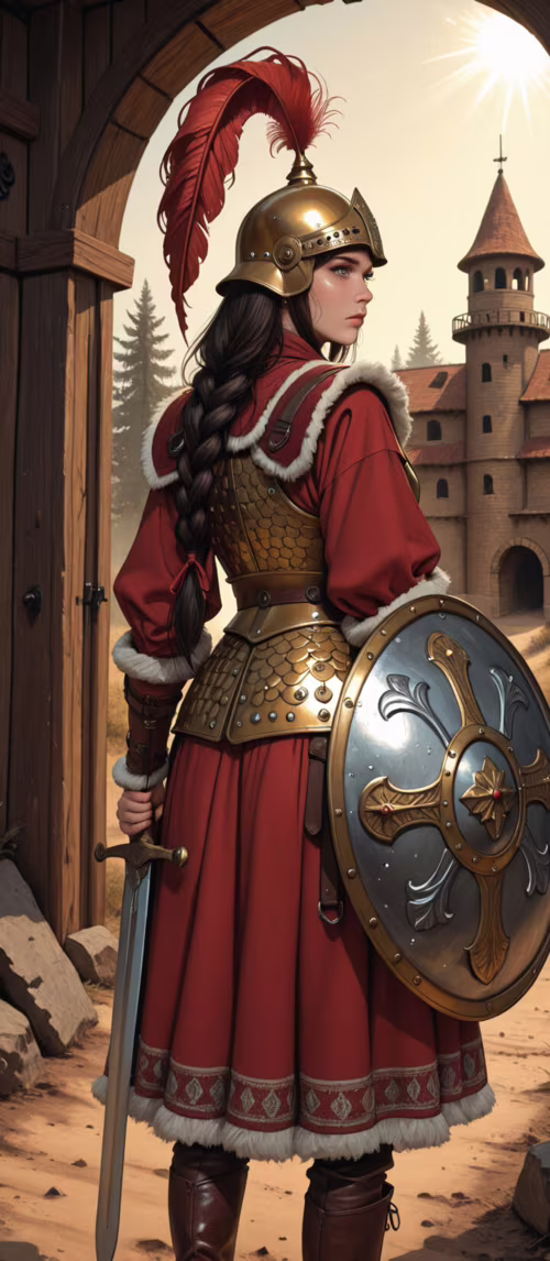 A full-length view from behind of a female warrior in a red surcoat and golden armor.... Redmi 10C high definition wallpaper