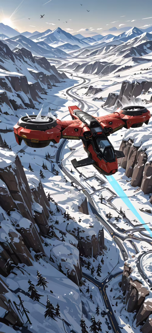 A futuristic AV-14 Hornet gunship from the Halo series flies low over a snow-covered...