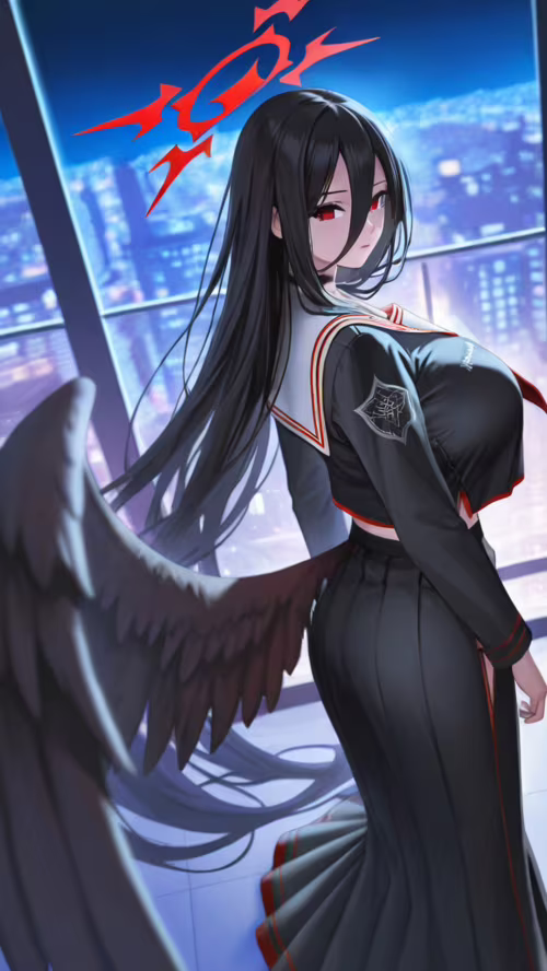 Hanekawa Hasumi from Blue Archive, an anime-style girl with long black hair, red...