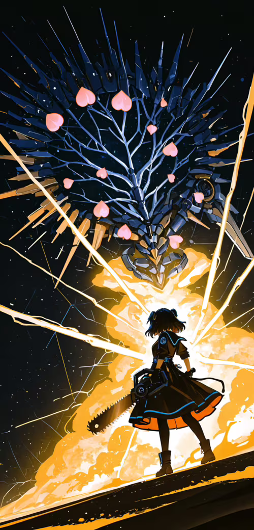 An anime-style illustration of a small girl in a white dress looking up at a large,... Doogee Y7 Plus