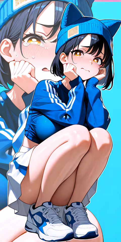 A full-body illustration of a crying anime girl with short dark hair and yellow eyes.... Nokia 1 Plus download free wallpaper for phone