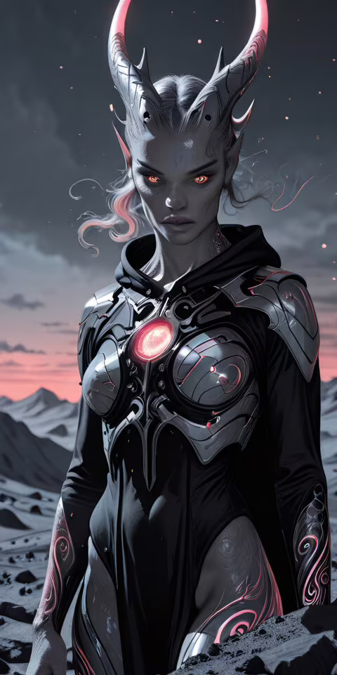 A fantasy portrait of a woman with large black horns, pointed ears, and glowing orange... Nokia C1