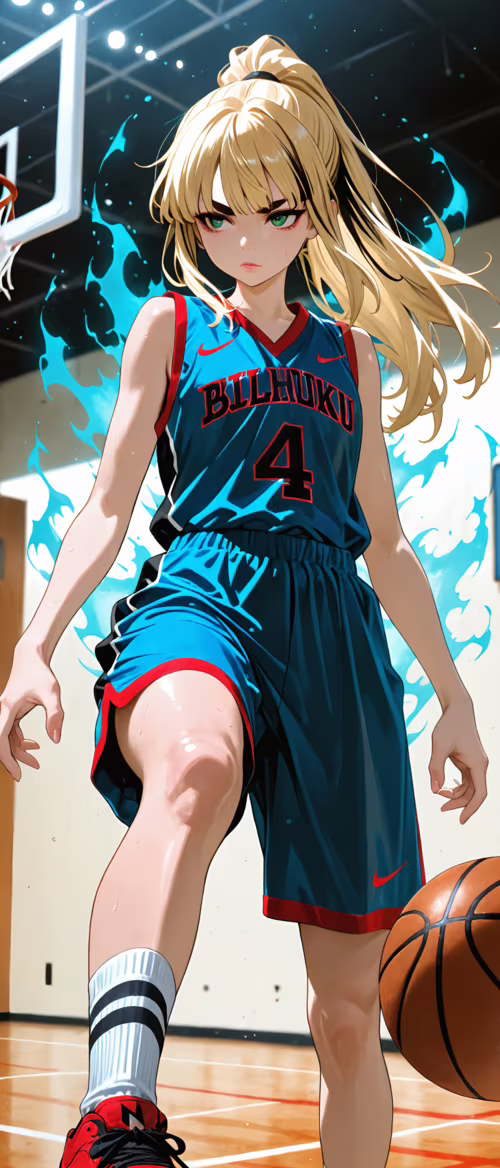 An anime girl with blonde hair in a ponytail and black streaks stands on a basketball... ZTE nubia Flip 5G background images hd