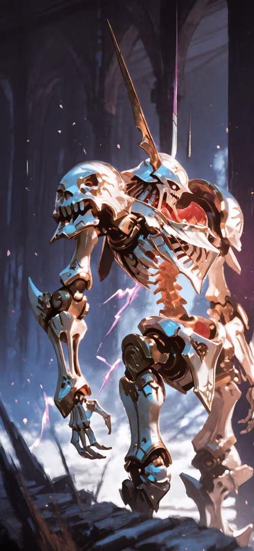 A full-body digital illustration of a skeletal mecha knight with white and gold armor,... Apple iPhone 15 wallpaper