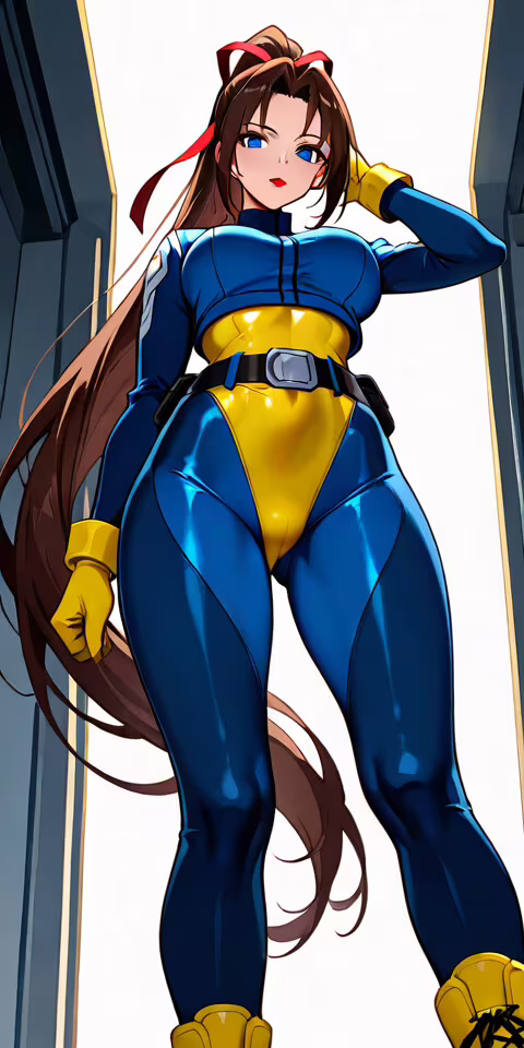 A low-angle view of the X-Men's Jean Grey in her classic blue and yellow training... Nokia C1 hand phone wallpaper
