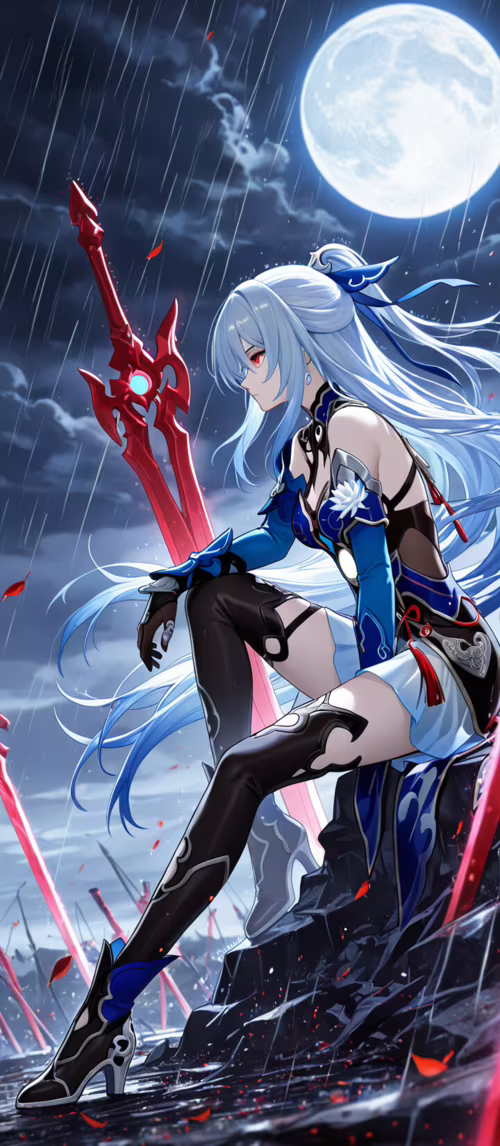 Jingliu from Honkai: Star Rail, a woman with long light-blue hair, sits on a rock...