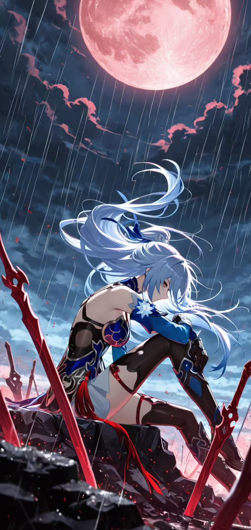 Jingliu from Honkai: Star Rail, a woman with long light-blue hair, sits on a rock... Doogee N10 lock screen wallpaper