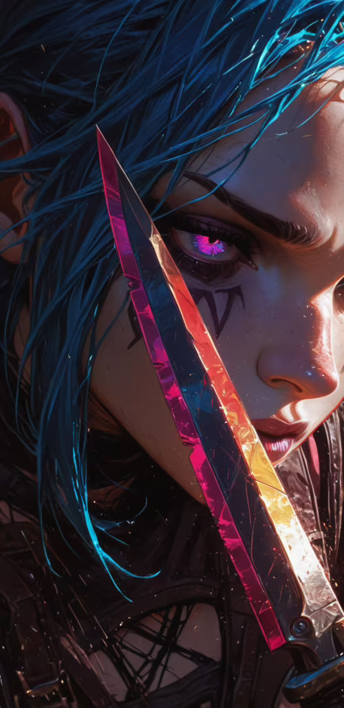 A close-up illustration of Jinx from Arcane, her face partially obscured by a large... Samsung Galaxy A01 Core free background images