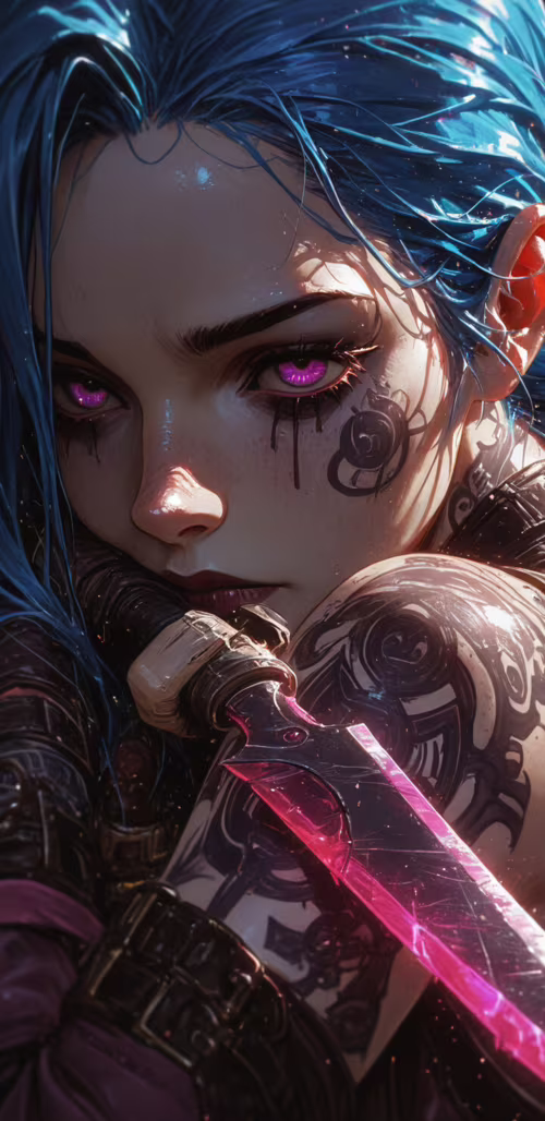 A close-up digital illustration of the left side of Jinx's face from Arcane. She... Samsung Galaxy A01 Core cell phone backgrounds free