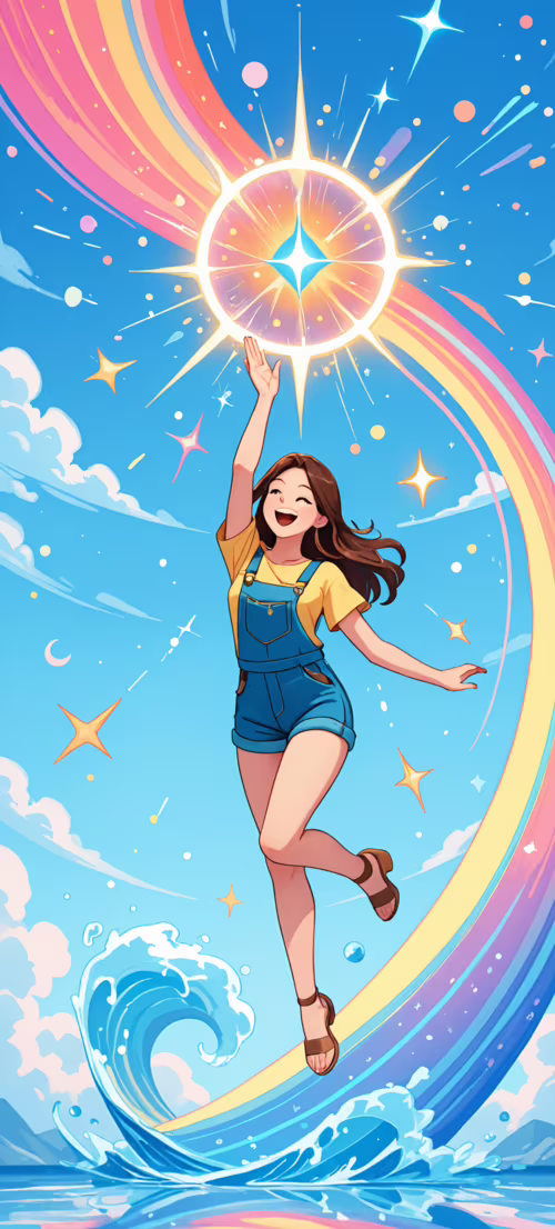 A full-body digital illustration of a happy anime girl with colorful blue hair, fox... Honor X9 free hd wallpapers