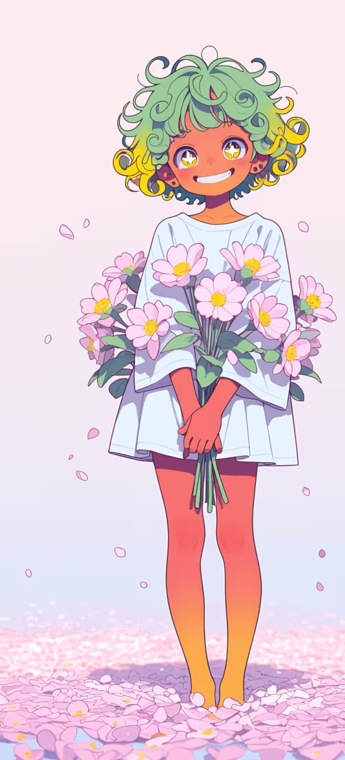 An anime illustration of a happy, tan-skinned character with short, curly green hair... Huawei P40 Pro plus