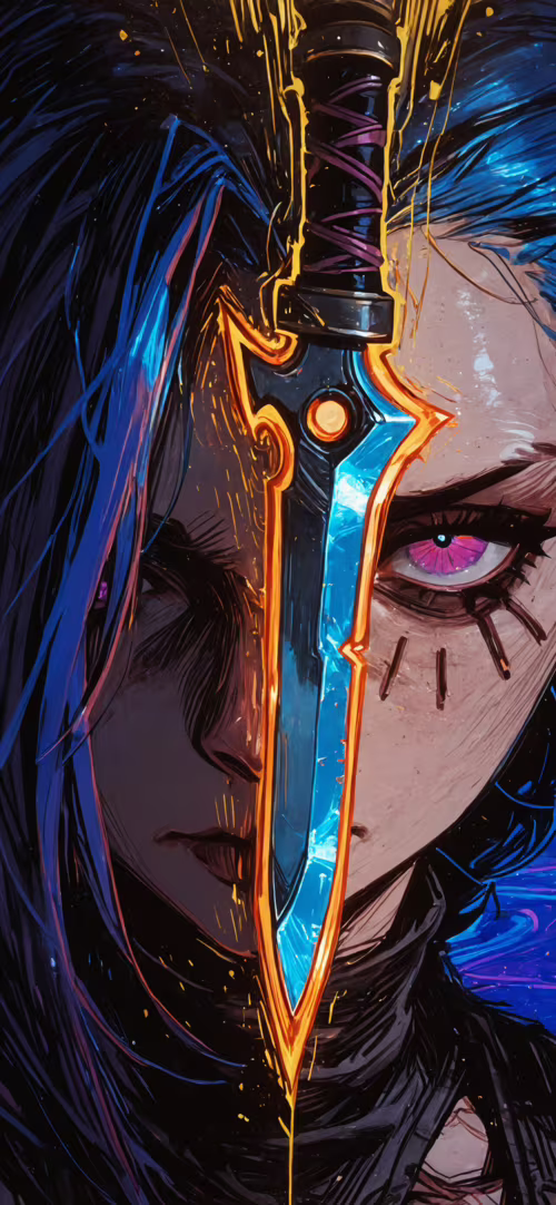 A close-up digital painting of Kai'Sa from League of Legends, a woman with dark hair,... Apple iPhone 14 Plus wallpaper download