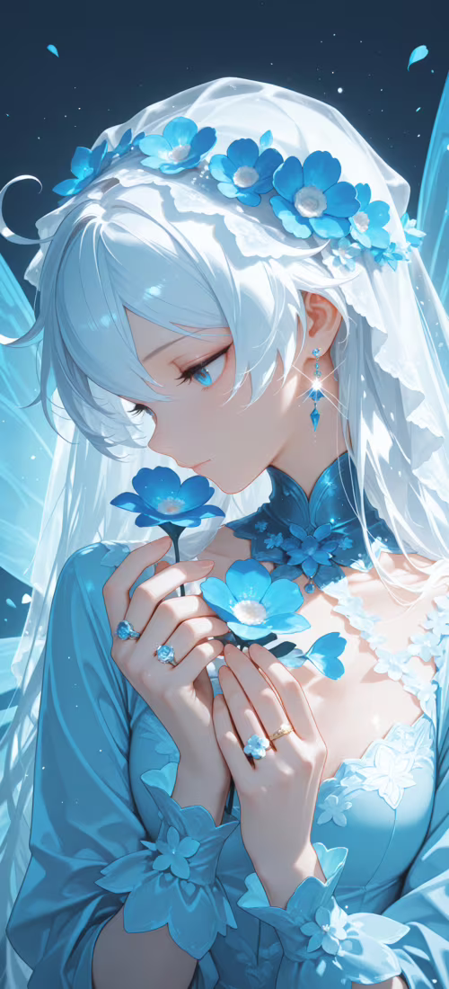 An anime illustration of Kiana Kaslana, a young woman with long white hair and blue... OnePlus 12R pictures for wallpaper