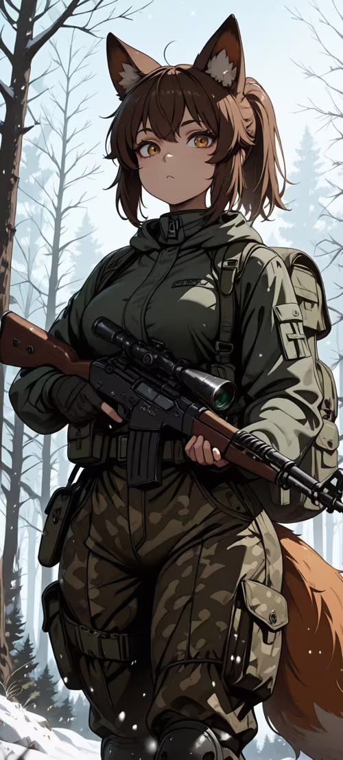 An anime-style fox girl with brown hair in a ponytail, wearing a green military jacket...