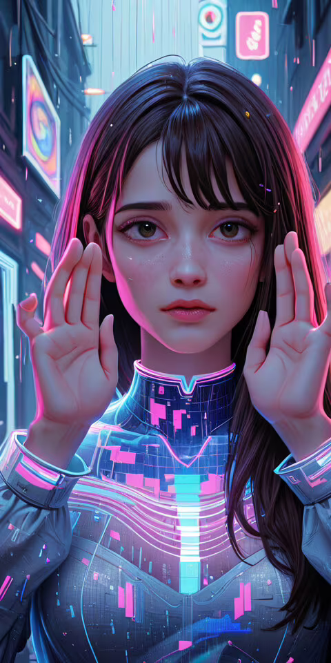 A digital art portrait of a young woman with long brown hair and wide blue eyes,... Nokia C1