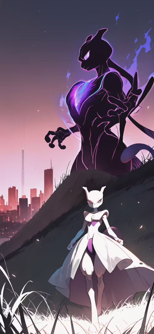 The Pokémon Mewtwo stands on a grassy hill, looking forward with glowing purple eyes,... Honor 50 Pro hd background