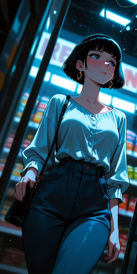 An anime-style illustration of a woman with a black bob haircut shopping in a brightly... Nokia C1 wallpaper download