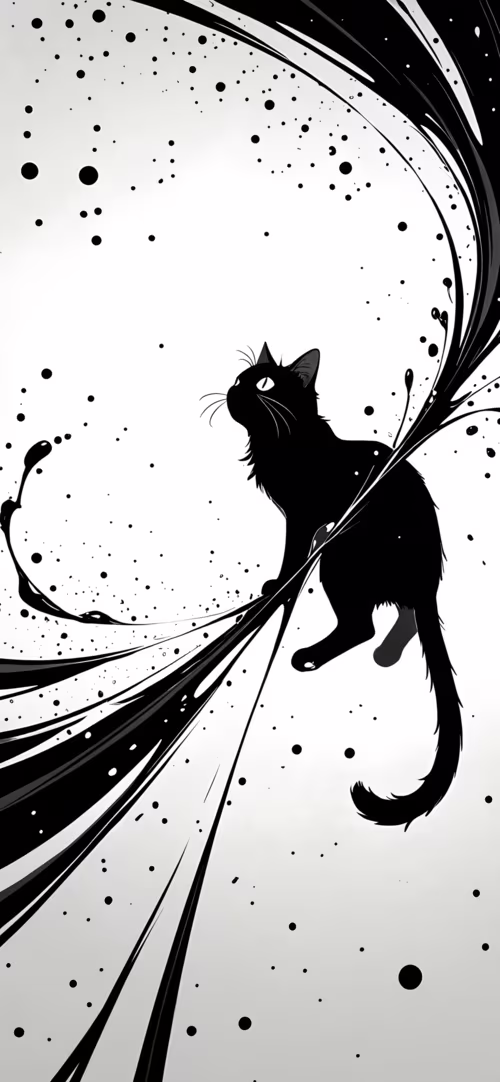 A black silhouette of a cat sits in the middle of a large, explosive splash of black... Apple iPhone 13 hd background