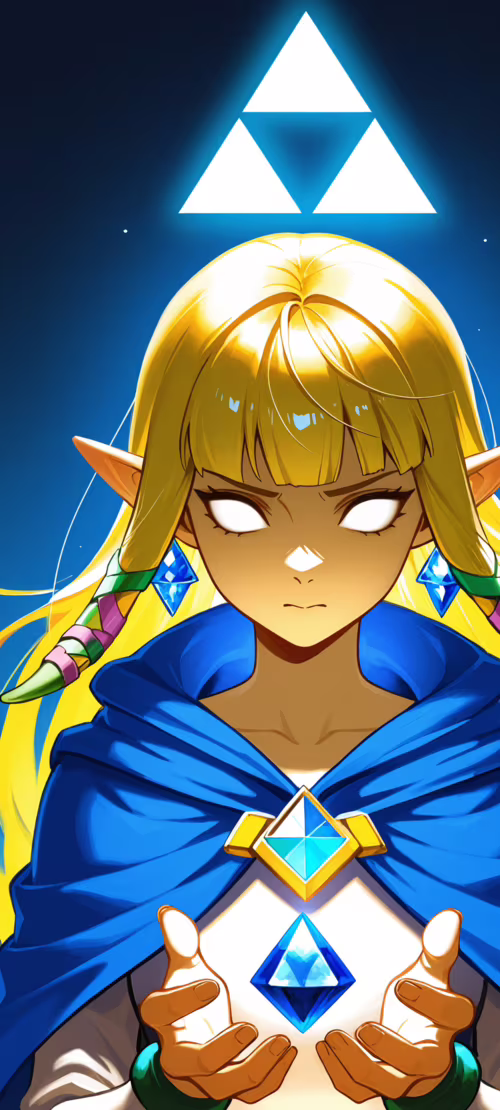 An anime-style illustration of Princess Zelda with glowing blue eyes, wearing a blue... Redmi Note 10 Pro hand phone wallpaper